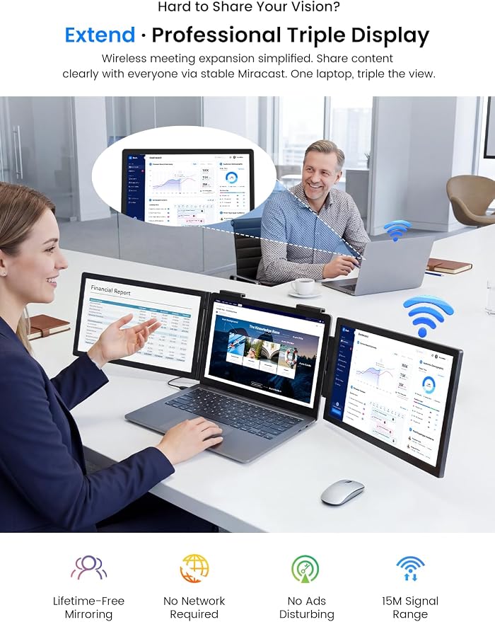 UPERFECT Laptop Screen Extender, 14'' Wireless Triple Portable Monitor, Ultra-Slim Dual Travel Monitor 125% sRGB One Cable Plug -Play Extender Monitor for MacOS/Win/Android, Fits 13.3-17.3" Laptops