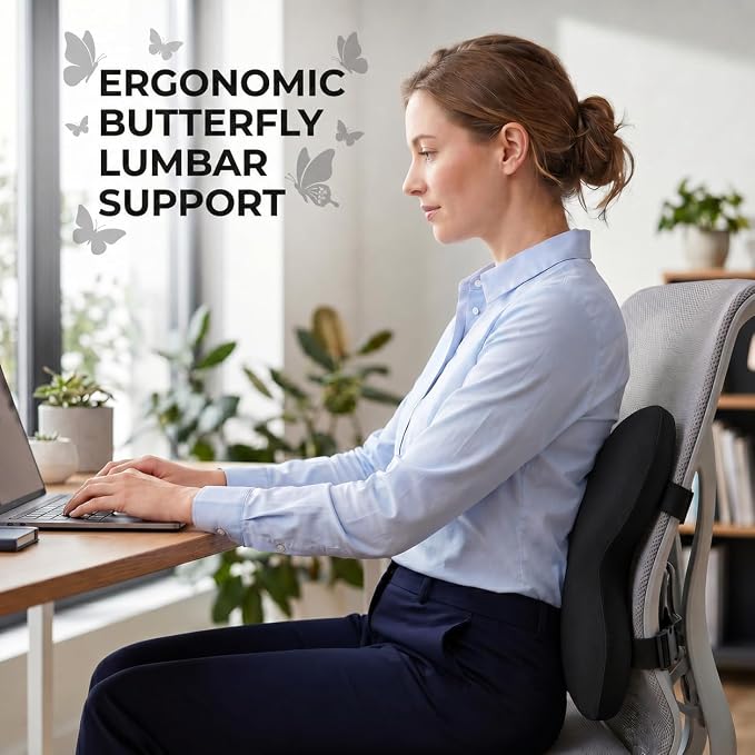 Butterfly Lumbar Support Pillow for Car and Chair, Blak | Memory foam back cushion with butterfly support, washable cover and dual adjustable straps for chairs and car seats