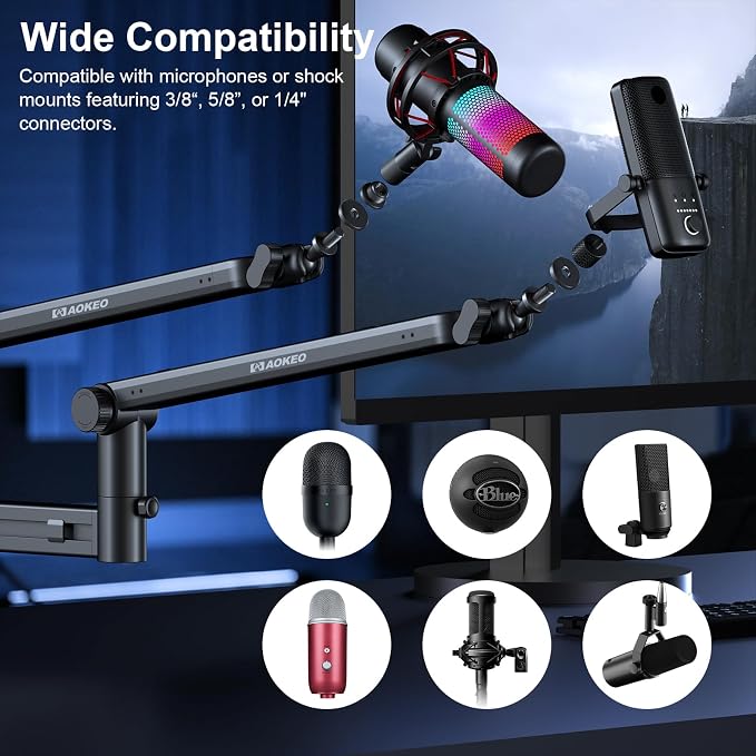 Microphone Arm,Aokeo AK-58 Desk Low Profile Adjustable Mic Boom Arm Stand,Suitable For Blue Yeti,Snowball iCE, HyperX QuadCast,SoloCast,Elgato Wave,Etc