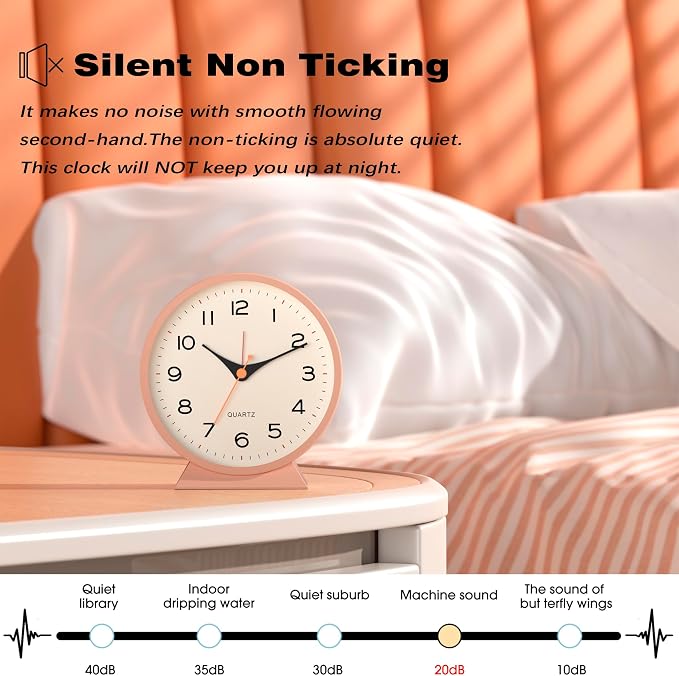 AYRELY® 4.5" Analog Alarm Clock, Small Retro Desk Clock and Table Clock | Battery Operated, Silent Metal Table Clock with Light for Living Room Decor, Bedroom, Bedside and Shelf(Light Pink)