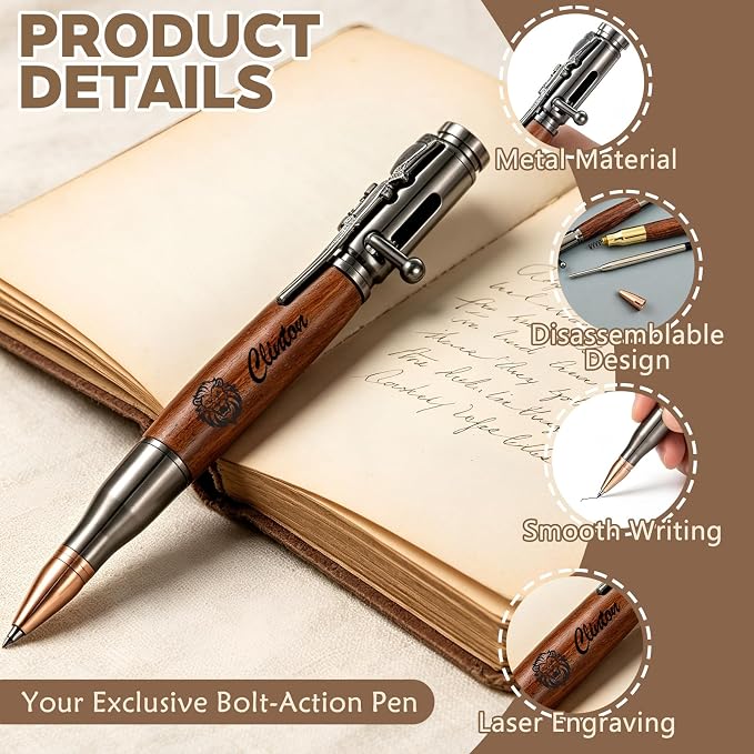 Custom Bolt Action Pen Gift Set with Engraving Personalized Metal Pen Gifts for Men Husband Father Boyfriend Grandfather Brothers Graduate (Wooden Pen)