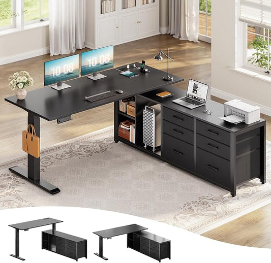 SEDETA L Shaped Electric Standing Desk with 6 Fabric Drawers, 55" x 55" Height Adjustable Office Executive Desk with Storage Shelves, Stand up Computer Desk with Power Outlet (Black)