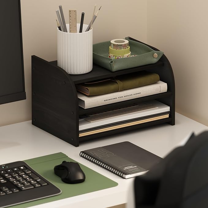 Furinno Classic 3-Tier Monitor Riser, Desk Organizers, Black Espresso | Low Profile Office Organization, Desk Top Book Shelf, for Office Supplies, Office Desk Accessories