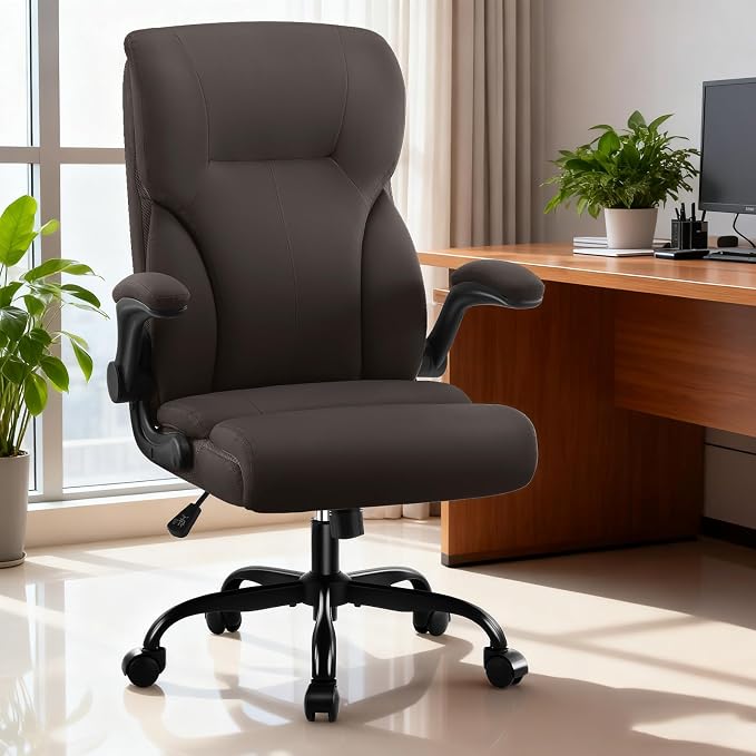 Executive Office Chair,High Back Ergonomic Comfy Desk Chair with Padded Flip-up Armrests,PU Leather Heavy Duty Computer Swivel Rolling Task Chair for Home Office,Adults,Dark Brown