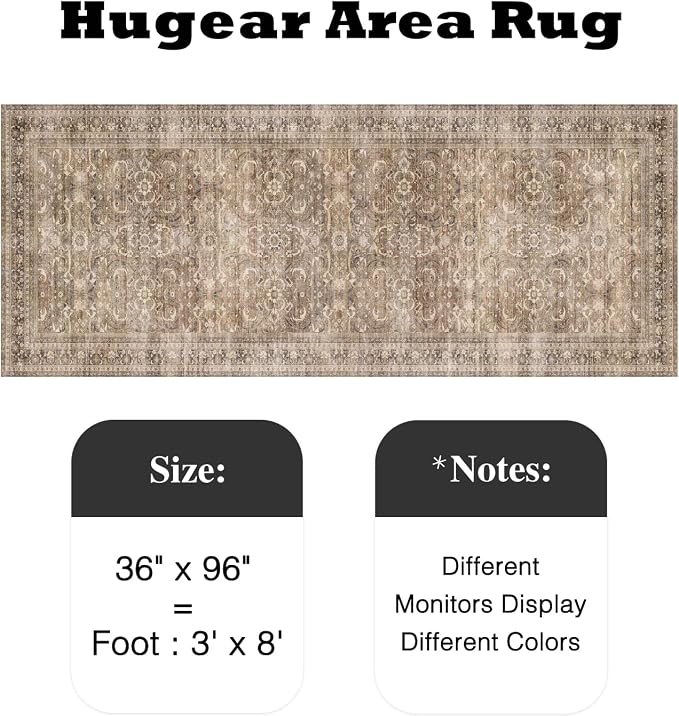 HUGEAR 3x8 Runner Rug Hallway Vintage Brown Machine Washable Retro Floral Low Pile Carpet Vacuumable Distressed Long Throw Rug Bedroom Office Bathroom Kitchen Laundry Non Slip Soft Lightweight