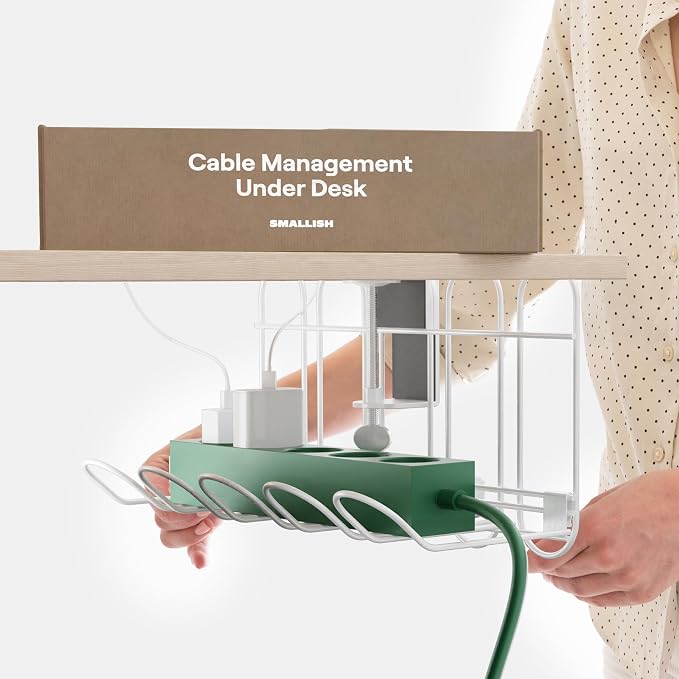 CarryUp Under Desk Cable Tray for Dorm Room - Cream | No Drill Wire Management Clamp, Computer Cord Organizer, Cable Hider & Holder, Cord Office Organization, Dorm Essentials