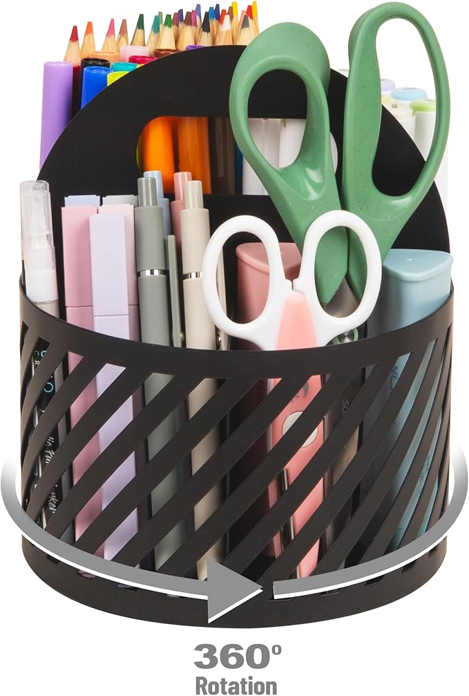 Mind Reader Round Metal Desktop Carousel Organizer with Handle, Four Compartments, Office Supplies and Accessories, Metal, Black