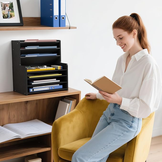 7 Tier Black Desk Organizer with File Holder, Wood Desktop Paper Organizer for Office Organization, Vertical Document Sorter and Letter Tray for Desk, School Storage Orgnizer Shlef