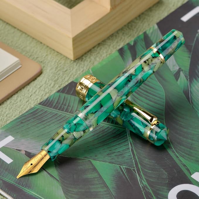 Asvine P20 Piston Fountain Pen, Stub Nib 1.1mm Calligraphy Art Drawing Green Marble Acrylic with Case Set