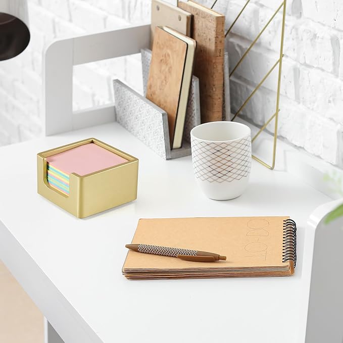Wood Sticky Note Holder, 3 x 3 Inch Post It Note Dispenser for Office Desk Accessories, Self Stick Note Pad Holder, Memo Pad Holder Dispenser Organizer for School Office Desk Supplies, Gold