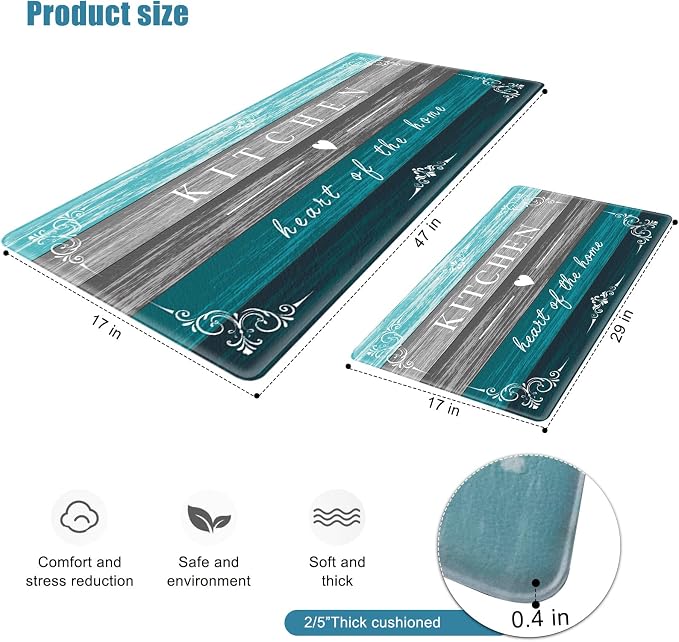 Sofort Kitchen Mats Cushioned Anti Fatigue, Non Slip Kitchen Mats for Floor | Farmhouse Kitchen Rugs, Waterproof, Comfort, Teal, Memory Foam, Turquoise, For Office, Sink, Laundry, 17"x 29"+ 17"x 47"
