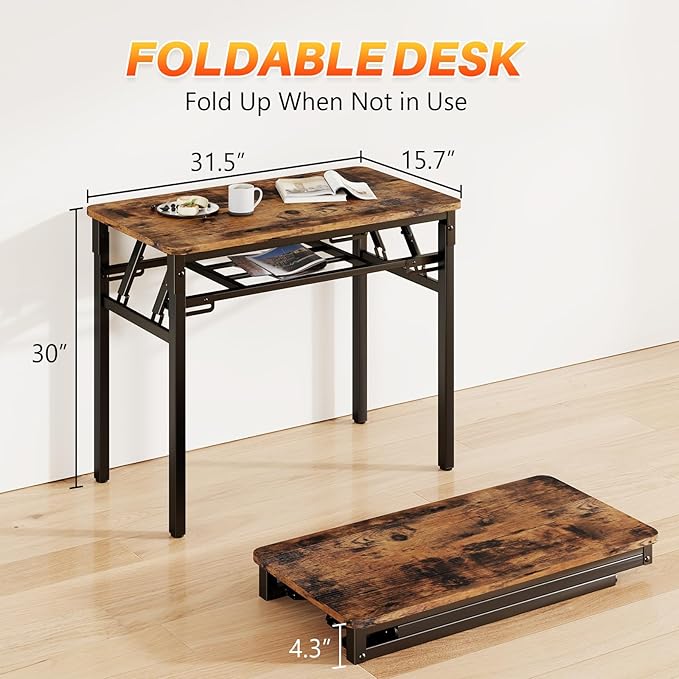 BYMECOST 31.5 inches Folding Desk Small Desk, No Assembly Computer Desk with Storage Shelf, No Install Small Foldable Table for Home Office,Study Table for Small Space (Brown, 31.5")