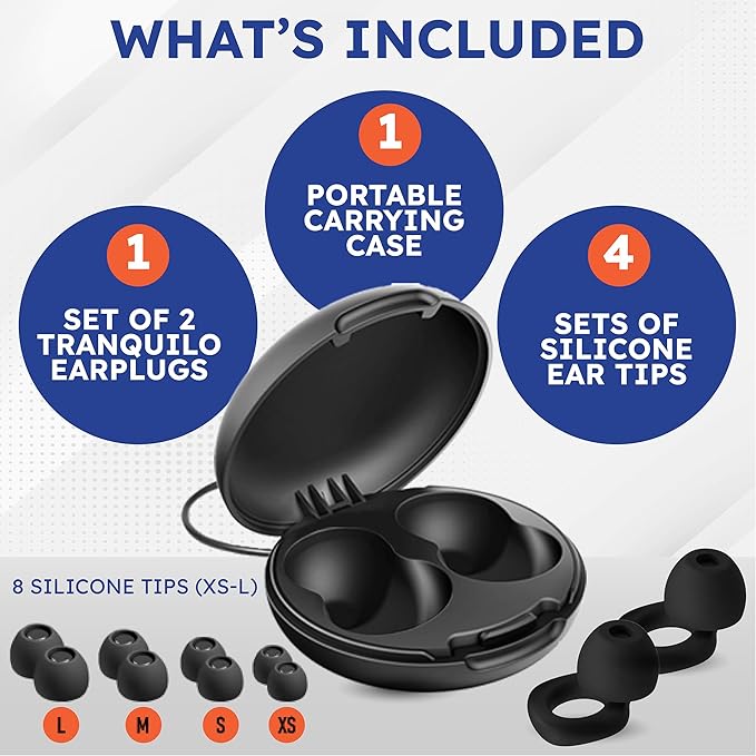 Tranquilo Ear Plugs for Sleeping, Up to 28dB Noise Reduction – Soft Reusable Silicone Earplugs for Snoring, Side Sleepers, Travel & Study – 8 XS-L Tips + Carrying Case (Black)