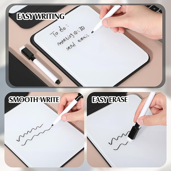 4 Pcs Small Glass Desktop Whiteboard with Reversible Stand 8‘' x 6‘' Tabletop Mini Dry Erase Whiteboard Easel with 4 Markers Reusable Desk Notepad for Home Office School(Black)
