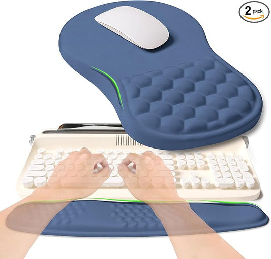 2-in-1 Ergonomic Set, Wave Rise Keyboard Wrist Rest and Massage Bulge Slope Mouse Pad Wrist Support, Cushion Memory Foam Integrated to Relieve Wrist Pain, Dark Blue
