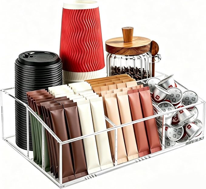 Coffee Bar Accessories, Acrylic Coffee Station Organizer Storage Box | Clear Coffee Station Accessories with Removable Dividers for Pod Condiment Syrup Cup Stirrer Tea Bag, Farmhouse Table Decor