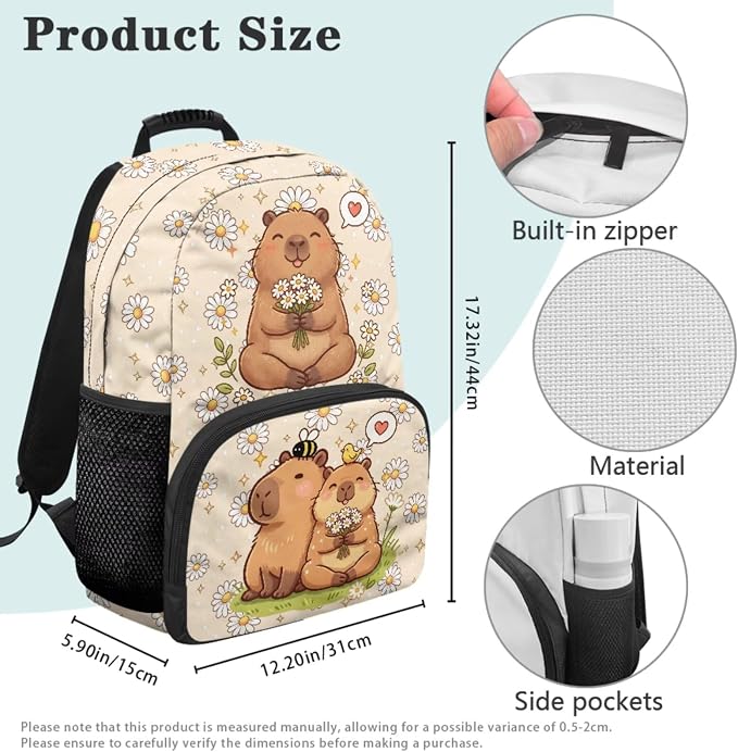 Capyabara Backpack for Girls 7-10, 4PCS School Backpack Set with Lunch Box, Pencil Case & Water Bottle Sleeve, Daisy Flower 17 Inch Book Bag for Elementary Back to School