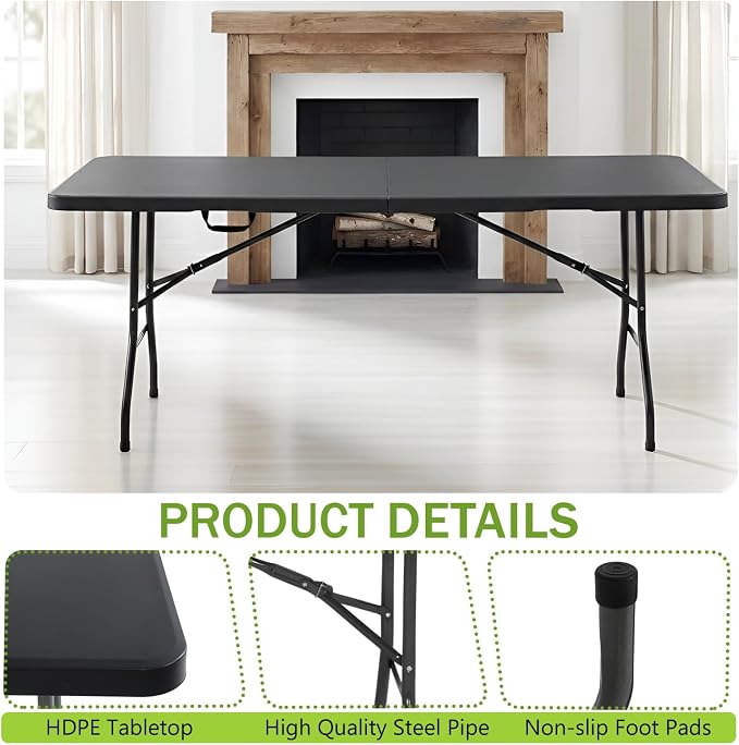 FDW 6FT Plastic Folding Table, Portable with Carrying Handle Perfect for Indoor, Outdoor, Party, Dining, Wedding, Events, Camping, Black