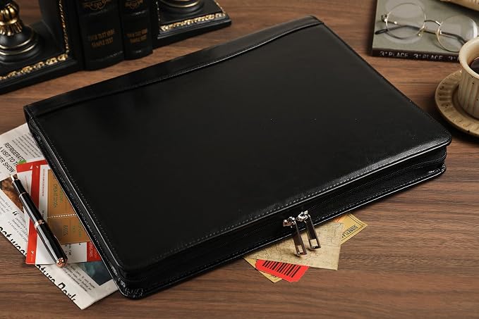 Black Leather Padfolio for Women/Men, Business Leather Binder 3 Ring Portfolio, Personalized Leather Portfolio Binder, Zippered Portfolio Organizer for A4 Notepad & 13-inch Laptop/Tablet