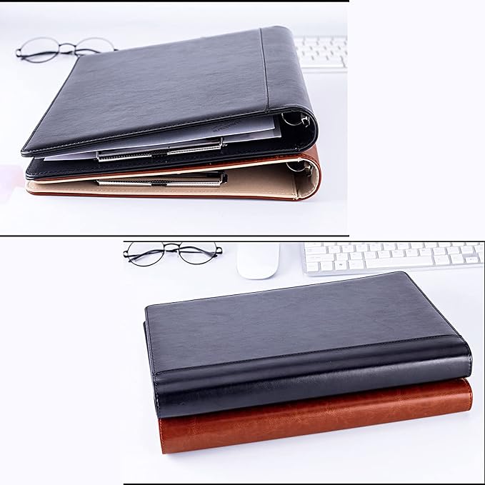 PU Leather Padfolio Ring Binder with Clipboard Resume Leather Portfolio with 20 Clear Plastic Sleeves Brown