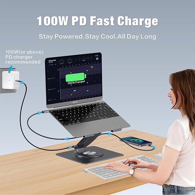 Adjustable Laptop Stand for Desk with Docking Station 11-in-1, Aluminum Laptop Riser with USB Hub 360°Swivel Dual Display 4K60Hz HDMI Gigabit Ethernet USB3.0 PD100W for MacBook Pro Air/Dell/HP 7-15.6"