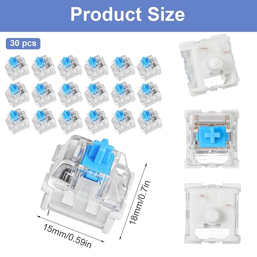 30Pcs Blue Switch Replacement, 3 PIN Mechanical Keyboard Switches, Clicky with Strong Tactile Feedback, Accurate Typing, Dustproof, Office and Gaming LED Keyboard Universal Replacement Parts