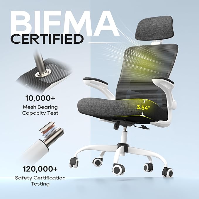 Ergonomic Office Chair, High Back Mesh Desk Chair with Adjustable Lumbar Support & Headrest, Flip-up Armrest, Computer Task Chairs for Home and Executive Office (W-Dgrey)