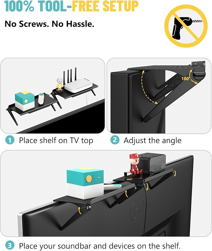 TV Top Shelf, 2 Pack Monitor Top Shelf No Drilling TV Shelf for Cable Box, Router, Streaming Device, Game Console, Remote, TV Accessories for Apple tv Mount,Keep Organized and Secure
