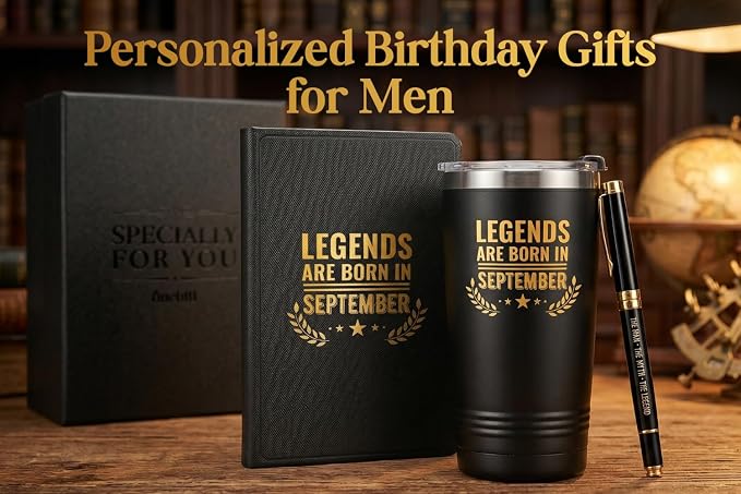 Onebttl Personalized Birthday Gifts for Men Who Have Everything, Travel Tumbler for Him, Custom Notebook, Luxury Pen, Unique Birthday Gift Set, July