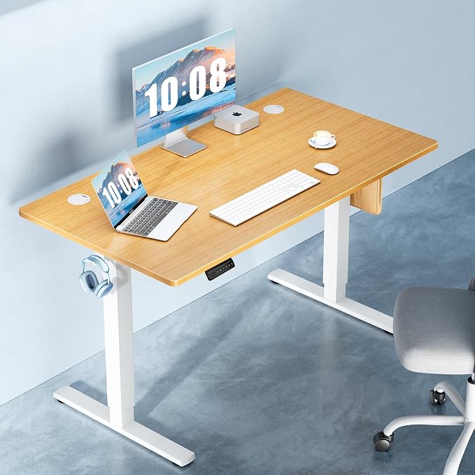 DUMOS 48 Inch Electric Standing Desk Height Adjustable, Sit to Stand Up Computer Workstations Work PC Table Home Office Study Writing Gaming Desks with Memory Presets for Walking Pad, Bedroom, Oak