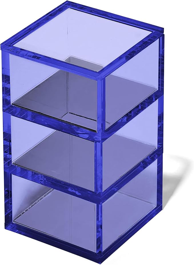 3-Tier Stackable Acrylic Holder- Stylish Desk Organizer and Storage for Office or Home – Transparent Square Design, Blue with Silver Metal Base