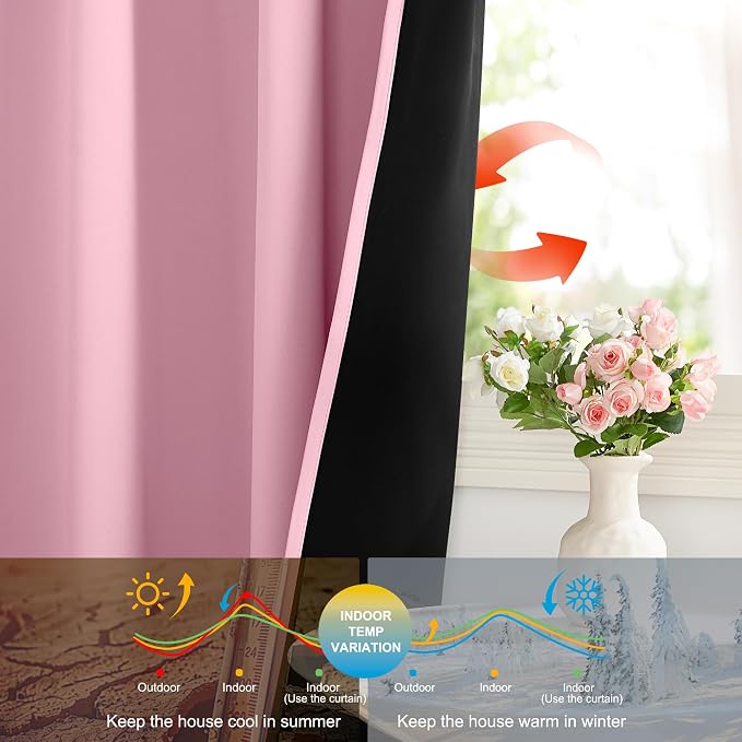 NICETOWN Crystal Pink Blackout Curtains for Girls Bedroom, 52x84 Inches 2 Panels Energy Efficient Thermal Insulated Drapes, Rod Pocket Black Lined Window Treatment, Double Layer Shading