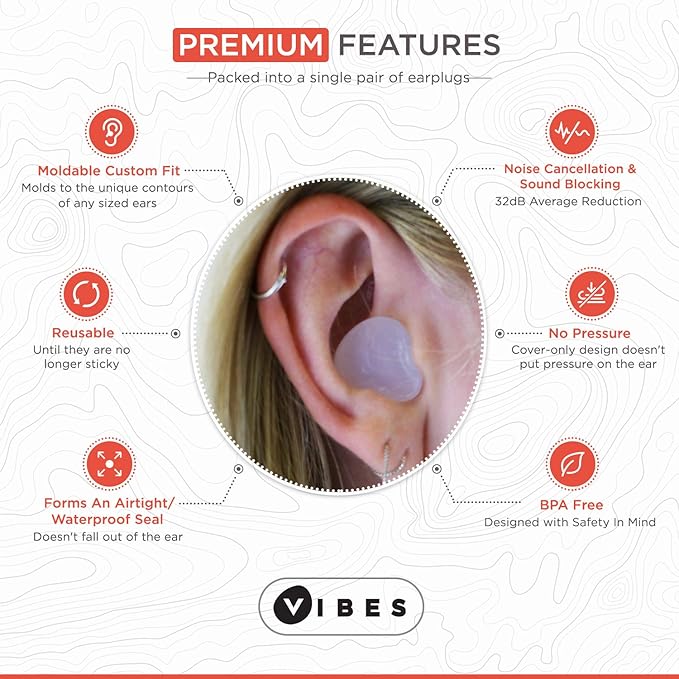 Silicone Ear Plugs - 6 Pairs Vibes Reusable Earplugs For Sleep, Custom Waterproof Moldable Gel, 32 dB Best Sound Blocking Earplug, Noise Reduction in Sleeping, Travel, Swimming, Studying, Construction
