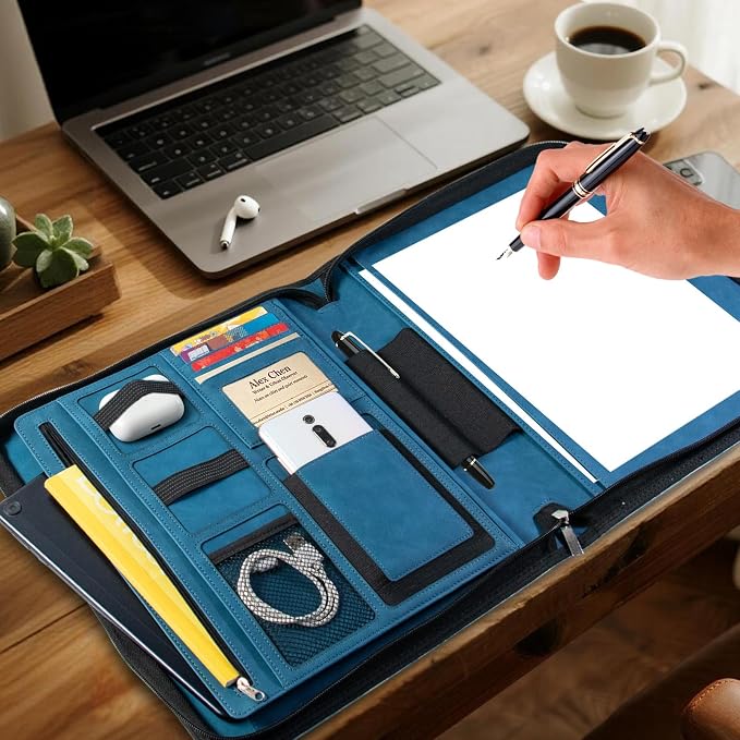 Leather Business Portfolio Organizer 13.4", Padfolio Binder for Women with Zipper, Fits 13" Laptop/Cellphone Charger Legal Pad Portfolio Document Folder ﻿ (Blue)