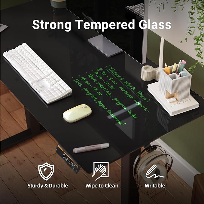 Claiks Glass Standing Desk, 40x24 Inch, Super Black | Adjustable Height, Tempered Glass Top, Stand Up, Quick Install, 3 Memory Presets