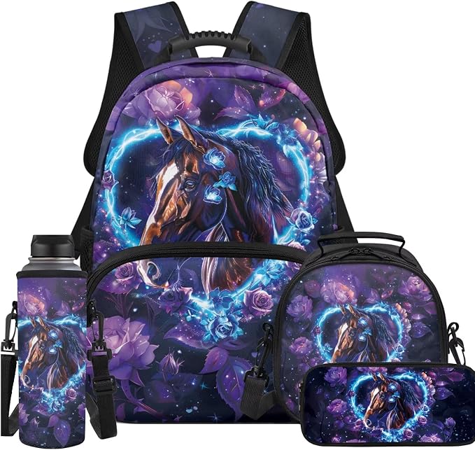 Ystardream Brown Horse Backpack With Lunch Box Bookbags for 6Th Grade Girls Elementary School Backpack Set 4 in 1 Kindergarten School Back Pack with Sturdy Pencil Bag for Teens Kids School Sport