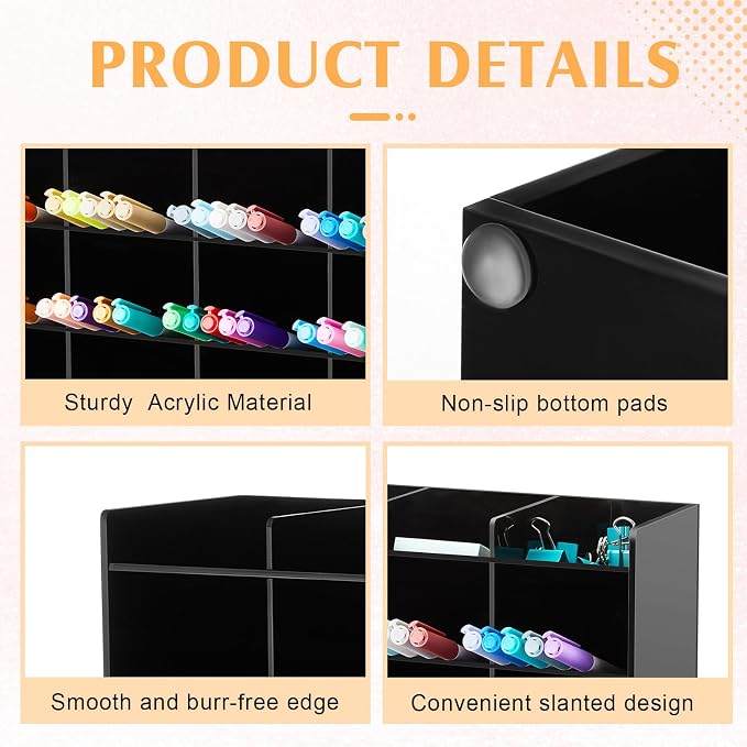 MotiMind Acrylic Pen Organizer Storage for 250 Markers Vertical Marker Organizer Acrylic Pen Display Holder for Office Desk Desktop Stationery Pencil Storage, Black, 13 x 4 x 12.4 Inch