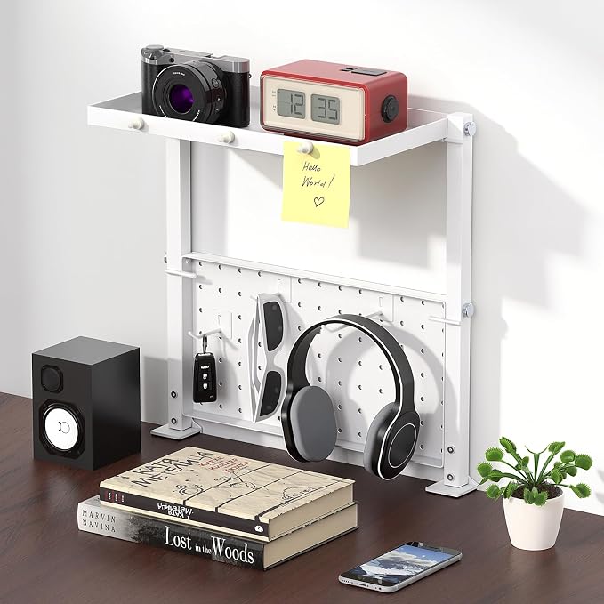 Jumyee 2-Tier Side/Top Clamp On Desk Shelf With Magnetic Pegaboard(White) | Adjustable Desk Pegboard Tray & Magnetic Accessories, No-Drill Clamp On Desk Organizer Pegboard with 6 Hooks