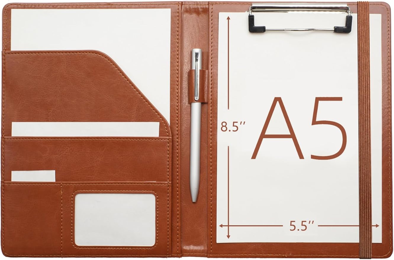 Junior Padfolio Clipboard Small for 7"x 9" Writing Pad Refillable, Mymazn Faux Leather Folder A5 for Folio Notepad 5 x 8 Junior Size Folio Portfolio (Brown)