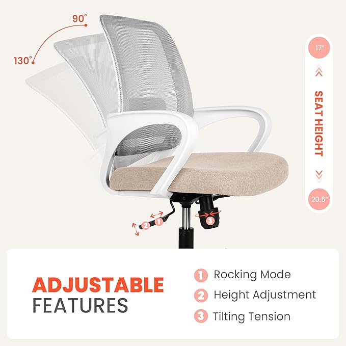 NEO CHAIR Office Desk Ergonomic Computer Mesh Chair with Lumbar Mid Back Support Adjustable Height Swivel Rolling Wheels Comfy Task Vanity Chair for Home Bedroom Study (Beige)