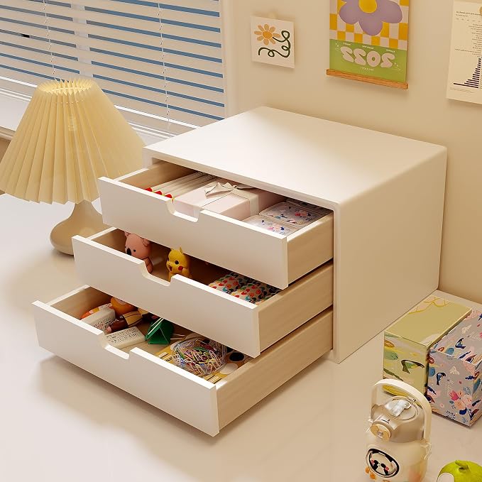 LitaEther Desk Organizer with 3 Drawers, ALEX Drawer Unit, Chic White Wood Cosmetic Makeup Organizer for Office Vanity Tabletop Storage 13.8"X 9"X10.2"