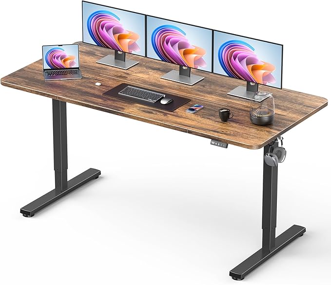 63" Electric Standing Desk Adjustable Height, Sit Stand up Desk for Home Office & Computer Workstation, 2 Memory Height Settings, Splice Board, 2 Hooks, Black Frame/Rustic Brown Top