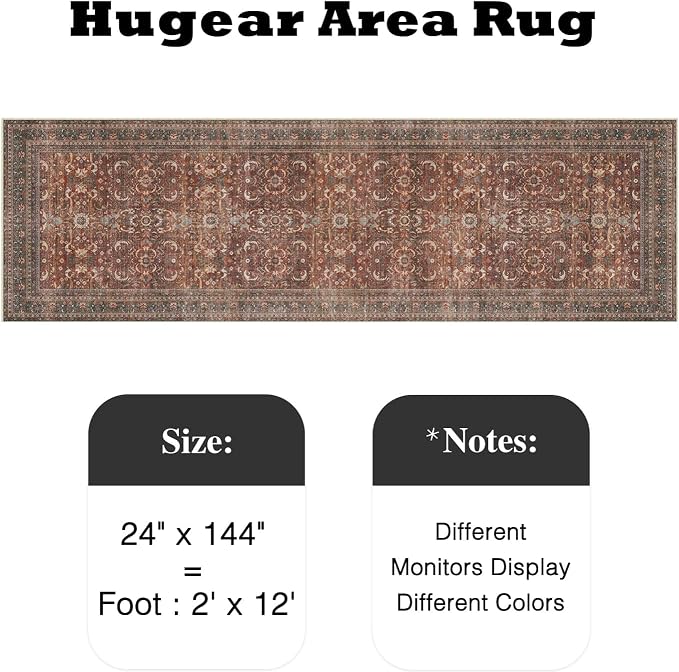 HUGEAR 2x12 Runner Rug Hallway Vintage Brick Red Machine Washable Retro Floral Low Pile Carpet Vacuumable Distressed Long Throw Rug Bedroom Office Bathroom Kitchen Laundry Non Slip Soft Lightweight