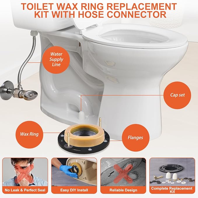 Toilet Wax Ring Replacement Kit with Flange & 16" Water Supply Line (7/8 in. Ballcock x 3/8 in. Comp) – Toilet Installation Kit, 3"/4" Drain Compatible, Toilet Flange Repair Kit