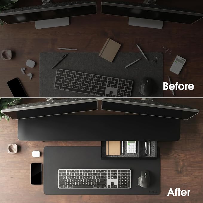 Fenge 42.5" Dual Monitor Stand with Storage Drawer & Solid Wood Legs, Black | Modern Minimalist Design, Repositionable Metal Drawers, Wooden Desk Shelf for Home Office Workspaces