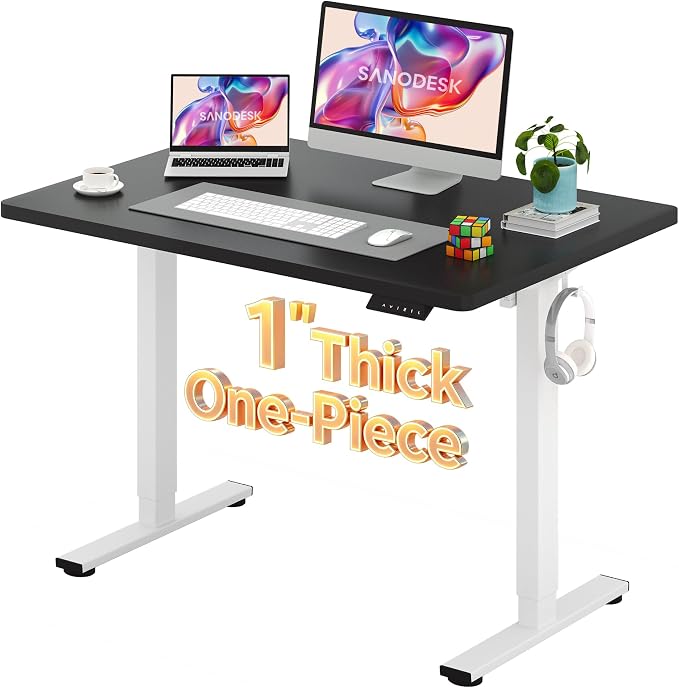 SANODESK Electric Standing Desk 48 x 30 Inches Whole-Piece Desktop Height Adjustable Stand Up Desk w/6-Button Controller Ergonomic Computer Desk for Home Office, White Frame + Black Tabletop