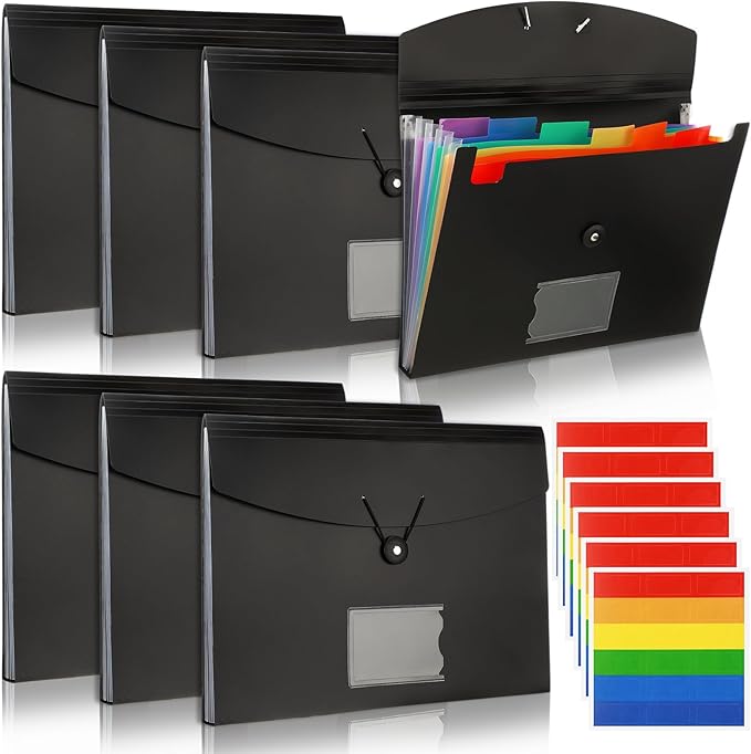 Glenmal 10 Pcs 7 Pocket File Folders File Organizer Expanding Folder with Labels Plastic Pocket A4 Letter Size Paper Organizer for Office Back to School Supplies(Black)