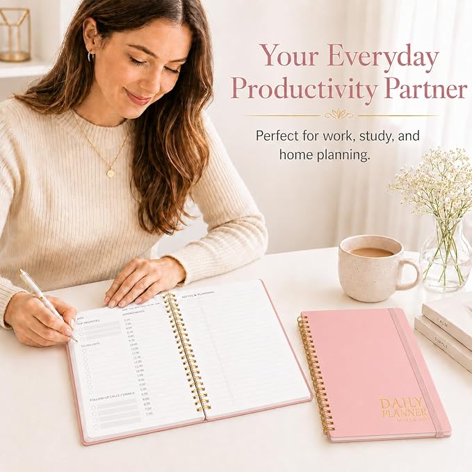 Daily Planner with Hourly Schedules - Undated To Do List Notebook, Spiral Bound, 5.5" x 8.5", Manage Your Tasks and Appointments, The Perfect Office Supplies for Women - Pink