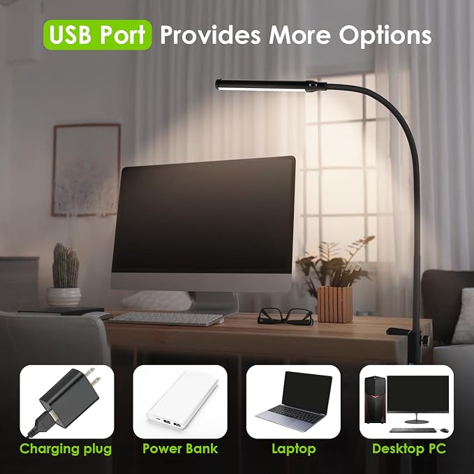 ShineTech LED Desk Lamp with Clamp, Clip On Desk Lamp for Home Office, 4000K Natural White & 11 Brightness Level, Flexible Gooseneck Architect Desk Light, Eye Caring Reading Lamp with USB Adapter