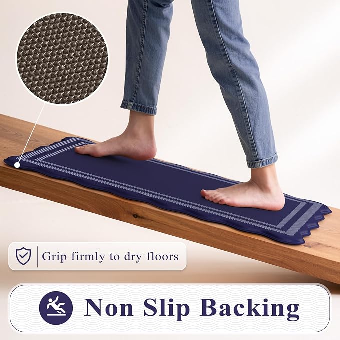 KIMODE Anti Fatigue Mats for Kitchen Floor,Farmhouse Kitchen Rugs Sets of 2 | Cushioned Kitchen Floor Mat, 17"x47"+17"x29" Comfort Laundry Room Rug, Navy Blue Runner Rugs for Home Decor Office Bath Sink